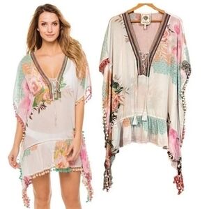 Z & L Boho Pom Pom Floral Swim Coverup Kimono Kaftan Cotton Beachy One Size